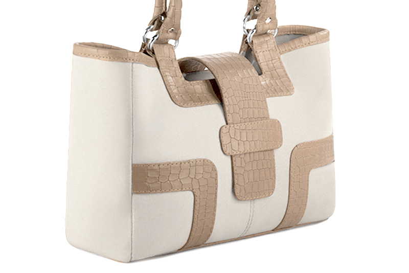 Off white and tan beige women's dress handbag, matching pumps and belts. Front view - Florence KOOIJMAN